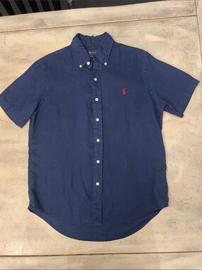 Polo by Ralph Lauren Navy Linen Short-Sleeve Button-Down with Red Pony